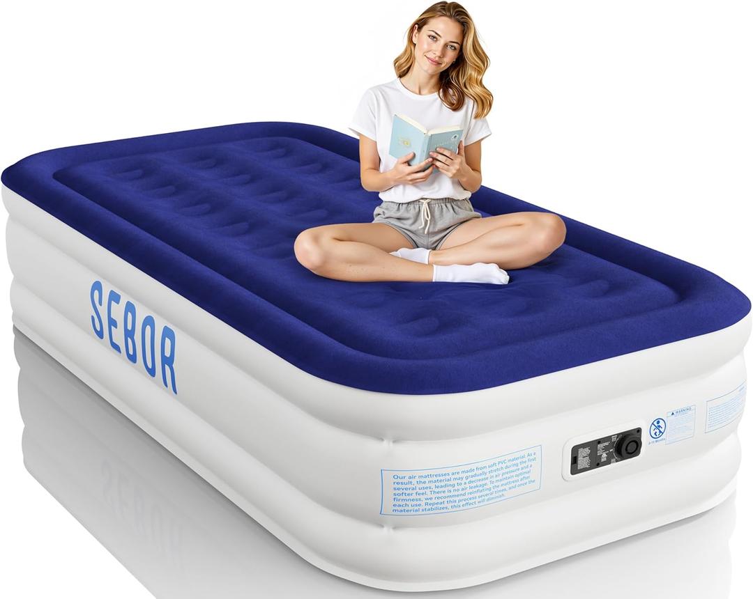 Sebor Air Mattress Twin with Built-in Pump 18", Comfortable Self-Inflating Air Mattress with High-Speed Pump, Durable Blow Up Mattress Twin with Storage Bag for Guests, Camping, Travel (Blue)