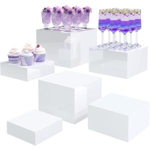 Buffet Risers, Food Display Risers for Party, White Acrylic Risers Display Stand for Buffet Table, Catering Displays for Dessert, Cube Box Nesting Riser with Hollow Bottoms (6"x7"x8" 6PCS)