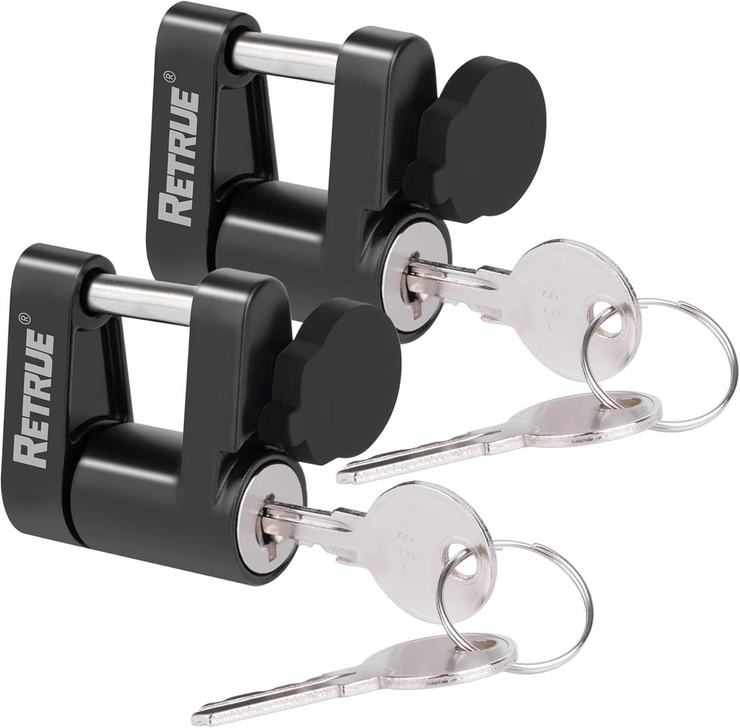 RETRUE Trailer Tongue Coupler Lock with Cap, Trailer Hitch Lock,Dia 1/4 Inch, 3/4 Inch Span for Tow Boat RV Truck Car's Coupler, Black(Pack of 2)