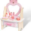 Wooden Vanity Set for Kids, Pretend Play Toddler Makeup Vanity Table Toys with 360 Rotatable Mirror, Beauty Salon Set Includes Makeup Accessories, Little Girls Gift Age 3+ (Pink)