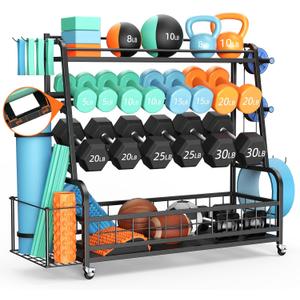 Dumbbell Rack Weight Stand - 4-Tier Adjustable Weight Rack for Dumbbells, Home Gym Storage Rack for Yoga Mat Foam Roller Kettlebells, Workout Equipment Storage Organizer With Wheels and Hooks (X-Large)