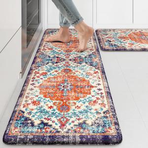 KIMODE Anti Fatigue Kitchen Mat, Boho Vintage Kitchen Rugs Sets of 2, Cushioned Non-Slip Kitchen Mats for Floor, Comfort Kitchen Floor Mats for Sink, Laundry, Desk Orange/Purple,17"x47"+17"x29" (Orange/Blue/Multi)