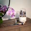 Rotating Makeup Brush Holder with Lid  Dustproof Vanity Organizer for Makeup Brushes, Bonus Foldable Makeup Brush Cleaner Bowl Included, Elegant White Storage Solution