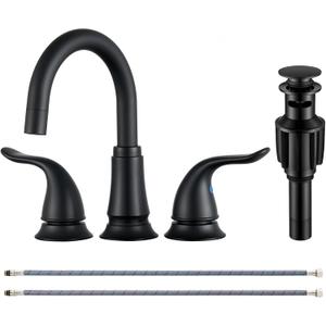 KPW Matte Black Bathroom Faucet 3 Hole, 8 Inch Widespread Bathroom Sink Faucet with Pop-up Drain Assembly and Supply Lines, Two Handle for Lavatory, Restroom