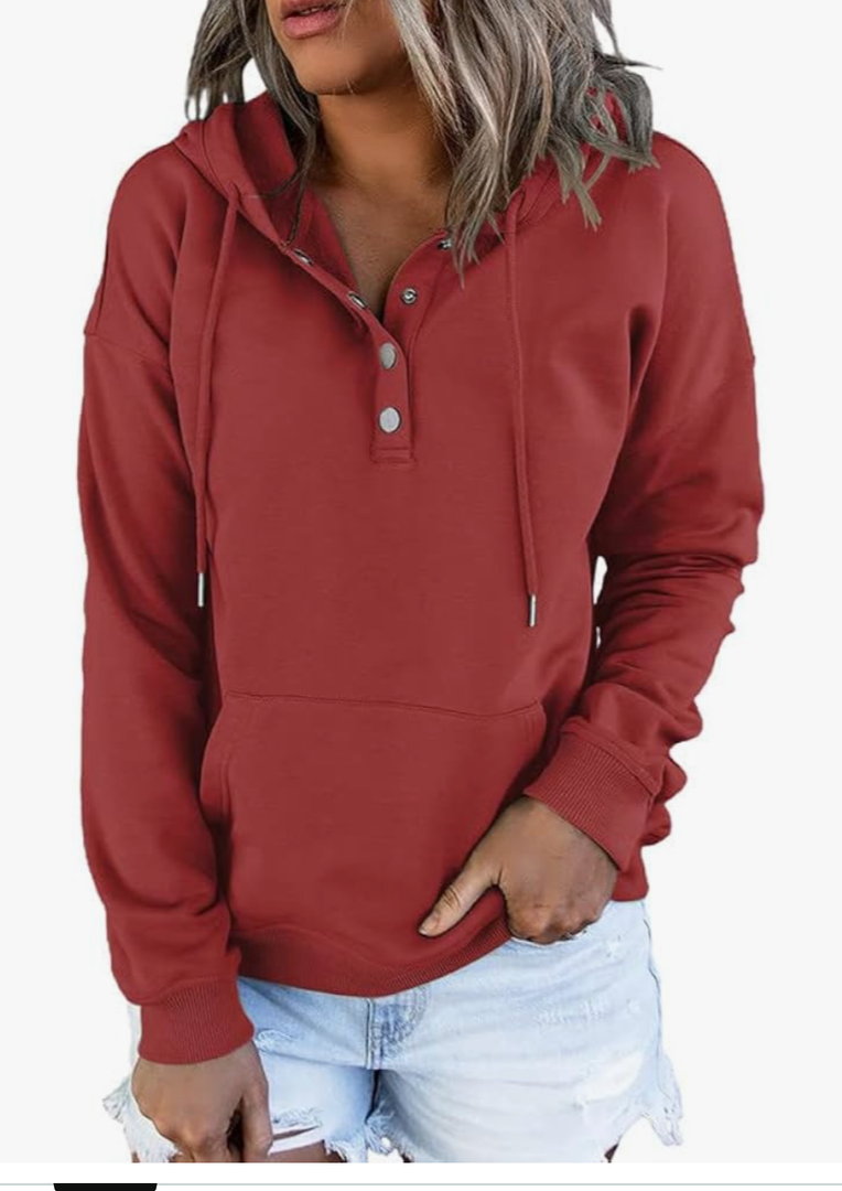 Dokotoo Womens 2025 Hoodies Button Collar Drawstring Hooded Pullover Sweatshirt Casual Long Sleeve Tops Shirts, Size L