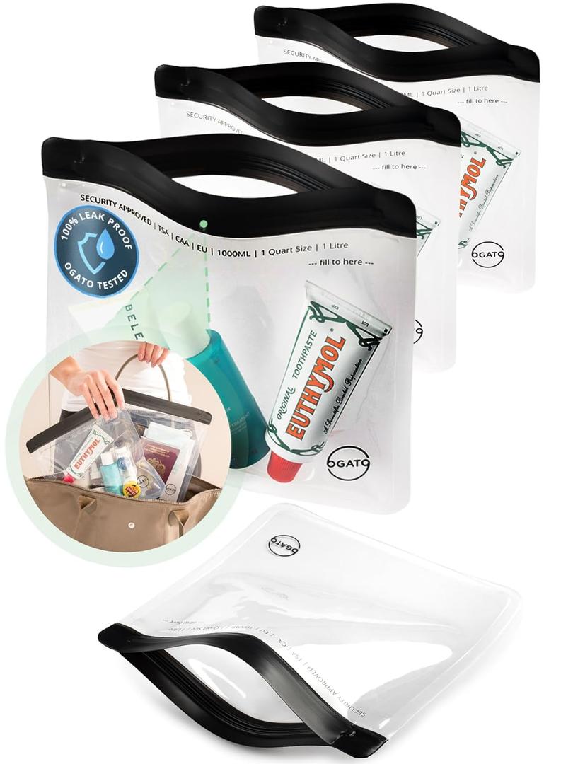 Ogato 3pcs - TSA Approved Toiletry Bag - Quart Size Clear Toiletry Bags are Security Approved Worldwide for Liquids & Cosmetics - 100% 3-1-1 Compliant Travel Bags for Toiletries (Black)
