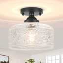 Small Semi Flush Mount Ceiling Light Fixture, Vintage Matte Black Close to Ceiling Lighting with Etched Glass Shade for Hallway, Kitchen, Entryway (Retro Design, Easy Install) (9.45in)