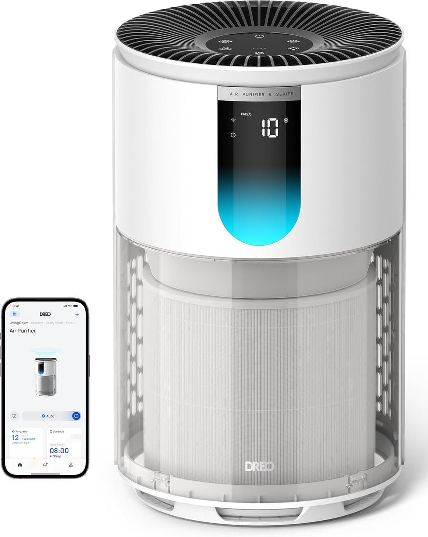 DREO Smart Air Purifier for Home, Up to 1176 ft, HEPA Sleep Mode, Air Cleaner for Large Rooms & Bedrooms, Wi-Fi/Voice/Alexa, Pets, Smoke, Dust, Pollen & Odors, PM2.5 Monitor, DR-HAP009S (Dreo 539S)