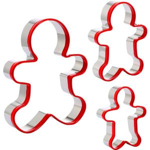 Gingerbread Man Cookie Cutters 3PCS, Stainless Steel Christmas Cookie Cutter Tools with Red Environmental PVC, Gingerbread Boy Shape Moulds Set for Baking