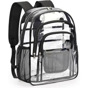 ZORFIN Clear Backpack Heavy Duty for School & Work – 18in Transparent PVC Bag with Large Capacity & Reinforced Straps – See Through Bookbag for Men, Women, Boys & Girls, Workplace Security Black