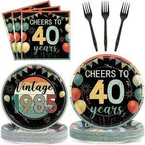 96Pcs Vintage 40th Birthday Plates and Napkins Back in 1985 Theme Party Decorations Supplies Cheers to 40 Years Disposable Tableware Set for Women Men 40th Birthday Party Favor Serve 24