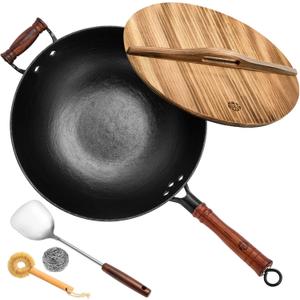 WANGYUANJI 12.6" Cast Iron Wok with Wood Lid, Traditional Uncoated Flat Bottom Chinese Stir Fry Pan with Stainless Steel Spatula, Heavy Duty Hand-Cast Wok for Induction, Gas & Glass Top Stoves (4 Qt) (12.59 inch, Black)