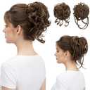 SARLA 2PCS Brown Messy Bun Hair Pieces for Women Wavy Curly Synthetic Hairpieces for Updos with Tendrils Fake Scrunchies Ponytail Extension Coffee Brown