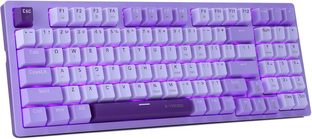 HUO JI Mechanical Gaming Keyboard USB Wired Compact with Number Pad, Purple Led Backlit, Blue Switch, Detachable Type C Cable, 94 Keys for PC/Computer/Laptop, White and Purple