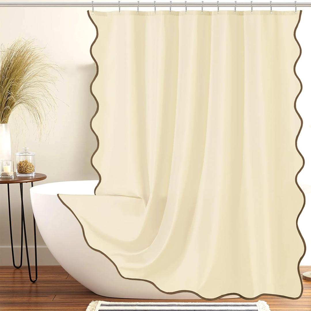 ORTIGIA Beige Shower Curtain with Brown Scalloped Edge 72 W x 84 H Inch Extra Long, Farmhouse Neutral Cream Aesthetic Boho Shower Curtain Waterproof Fabric Bath Bathroom Decor Metal Hook