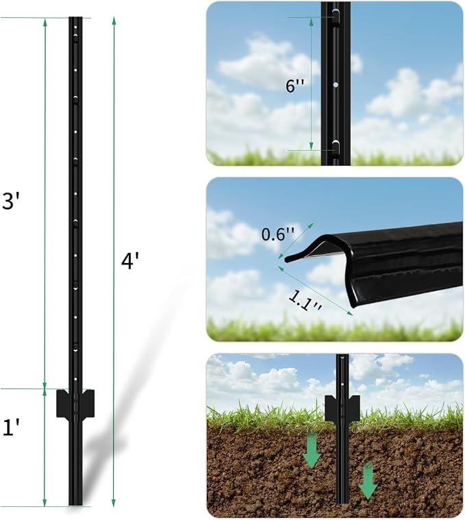 FOREHOGAR Fence Posts 48 Inch Black Metal T Post for Wire Fence, Steel U Post Fence for Lawn Garden Yard Chain Link Fence Poles Outdoor Easy to Carry | No-Dig