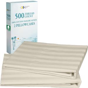 CALIFORNIA DESIGN DEN Soft & Silky 500 Thread Count 100% Cotton Sateen, Cool & Smooth with A Classic Opening, Set of 2 King Pillow Cases (Damask Stripe - Ivory)