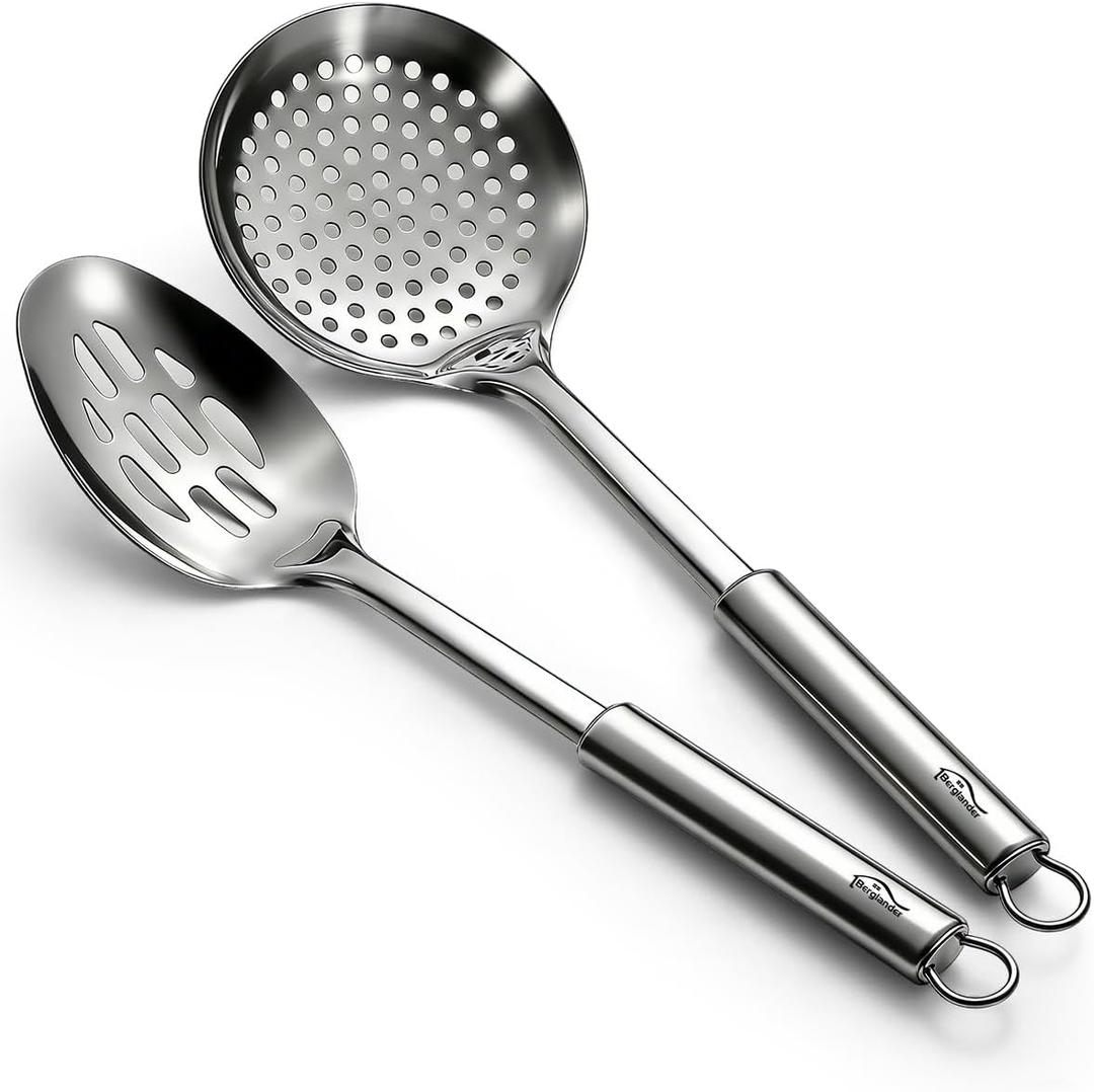 Berglander Kitchen Skimmer Slotted Spoons for Straining 2 pcs 13", Stainless Steel Kitchen Spider Strainer Ladle Spoon for Straining Pasta/Cooking/Frying/Noodle, Metal Kitchen Utensils Pasta Spoon