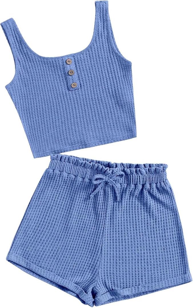 RoseSeek Girl's 2 Piece Outfits Waffle Knit Scoop Neck Button Down Crop Tank Tops Paperbag Waist Track Shorts Blue 12-13Y RoseSeek Girl's 2 Piece Outfits Waffle Knit Scoop Neck Button Down Crop Tank Tops Paperbag Waist Track Shorts Blue 12-13Y