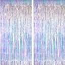 GREATRIL Iridescent Party Streamers Backdrop Neon Transparent Holographic Tinsel Foil Fringe Curtain for Mermaid/Frozen/Sea/Euphoria/ERAS Party Theme Decorations 2 PCS