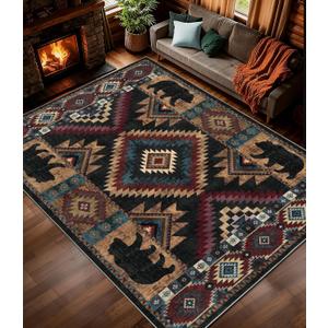 9x12 Western Cabin Area Rugs for Living Room
Washable Soft Low Pile Print Lodge Bear Rug, Non Slip Southwestern Rustic Rug for Bedroom