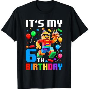 It's My 6th Birthday Building Brick 6 Years Old Boys Kids T-Shirt, Black (Small)