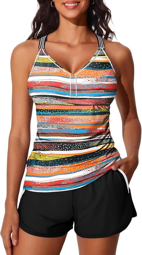 Summer Mae Modest Tankini Swimsuits for Women 2025 Two Piece Bathing Suits with Sporty Pockets Boy Shorts for Tummy Control (16, Wave Point Stripe Geometry)