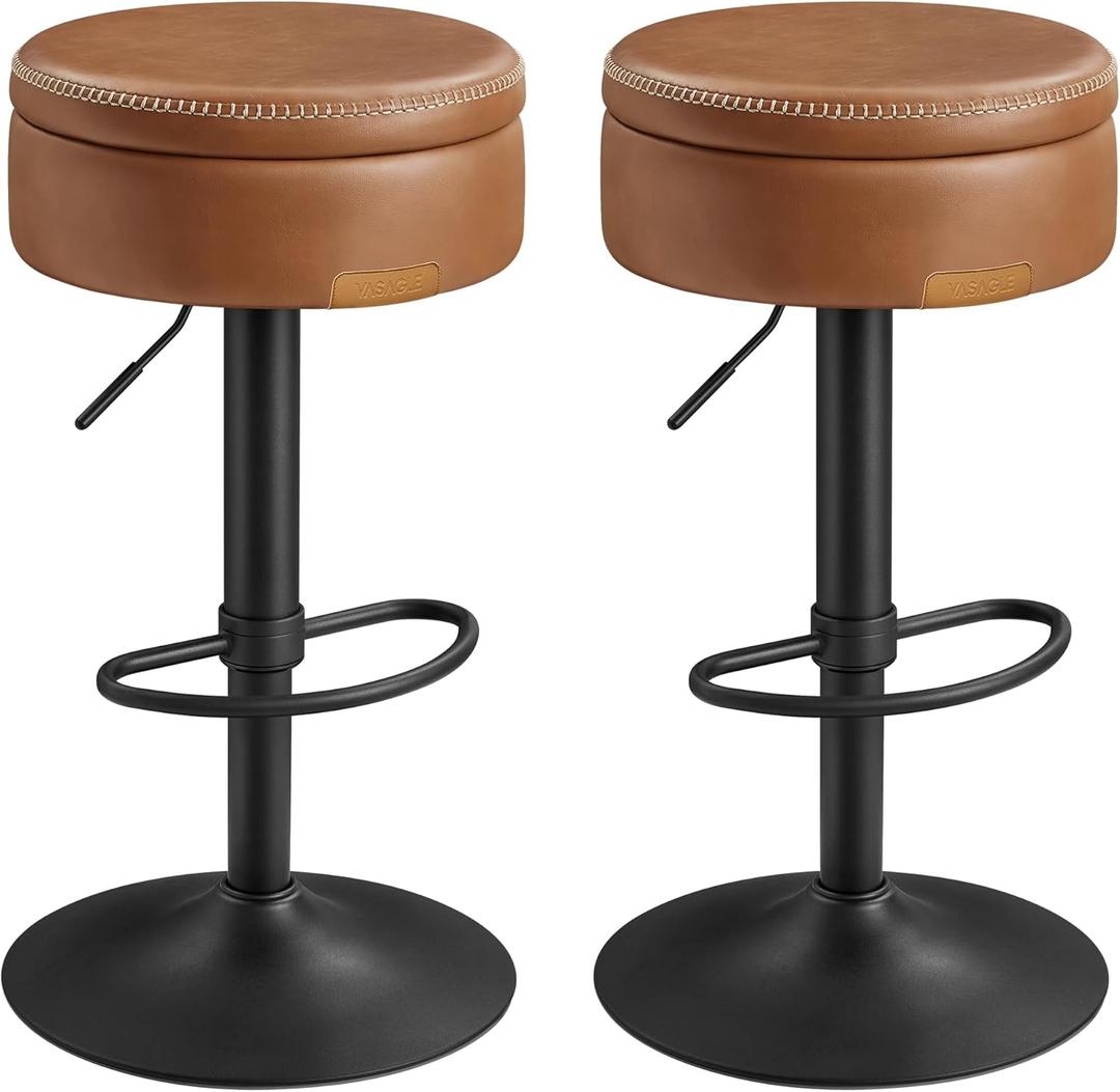 VASAGLE EKHO Collection - 360 Swivel Bar Stools Set of 2, Height Adjustable Barstools with Storage, Synthetic Leather with Stitching, Mid-Century Modern, Kitchen Bar, Easy Assembly, Caramel Brown