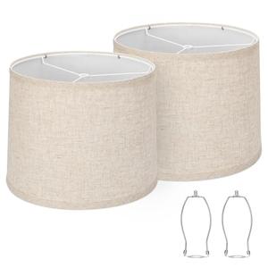 Lampshades Set of 2, Drum Lampshades 11.6" Top x 12.6" Bottom x 9.8" High, Seaside village Medium Lampshades (Spider Fitter), Beige Lampshades Natural Linen Hand Crafted, Easy Assembly Required