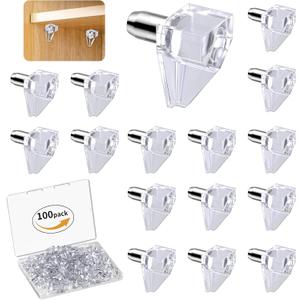 Vibit 100 Pcs Shelf Support Pegs, 5mm Cabinet Shelf Pins, Clear Plastic Cabinet Shelf Pegs Shelf Brackets, Support Pegs for Shelves, Shelf Holders for Kitchen Cabinet Bookcase Cupboard Wood Furniture