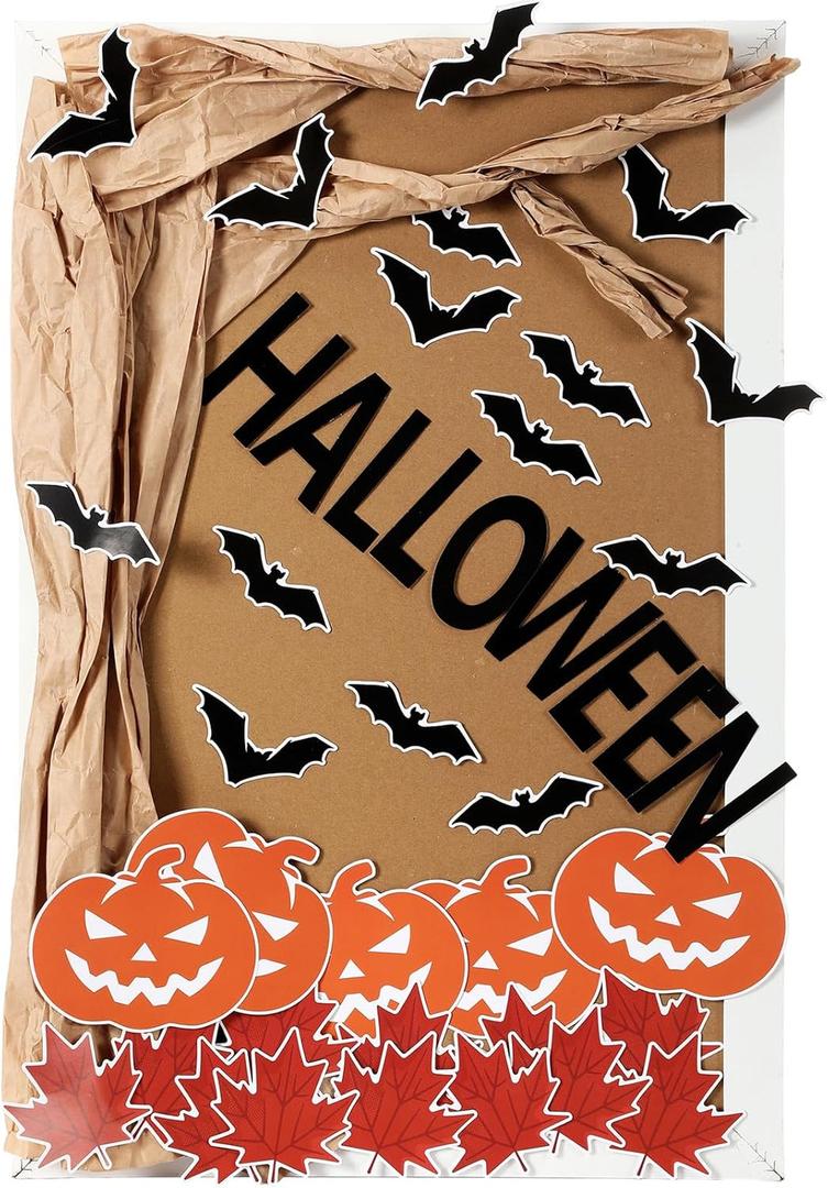 100 Pcs Halloween Classroom Bulletin Board Decorations Happy Halloween Bat Pumpkin Maple Leaf Bulletin Board Paper Cutouts with Glue Points for School Classroom Home Wall Decor