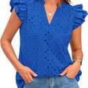 BTFBM Women Summer Eyelet Tops Dressy Casual V Neck Ruffle Cap Sleeve Cotton Boho Shirts Lace Embroidered Blouses 2025 (X-Large, Blue)