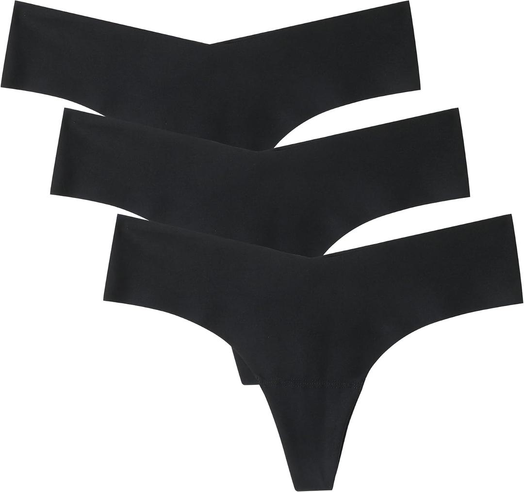 WANDER Seamless Thongs for Women Comfortable No Show Thong Invisible V-waisted Breathable Stretch Panties Underwear 3 Pack (Black, XL)