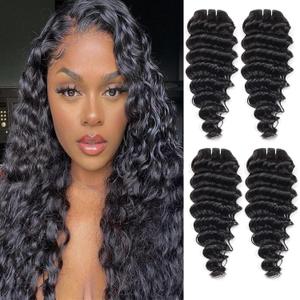 Deep Wave Human Hair bundles 16 Inch 12A Grade Brazilian Hair 100% Virgin Weave Bundles for Black Women (16'' 16'' 16'' 16'') (Natural Color)