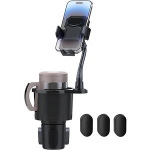 Belinous Car Cup Holder Expander with Phone Holder, 2 in 1 Car Phone Mount & Cup Holder Adapter with Adjustable 360° Rotation Gooseneck, U-shaped Handle Slot, Fits for iPhone, Samsung, Drinking Bottle