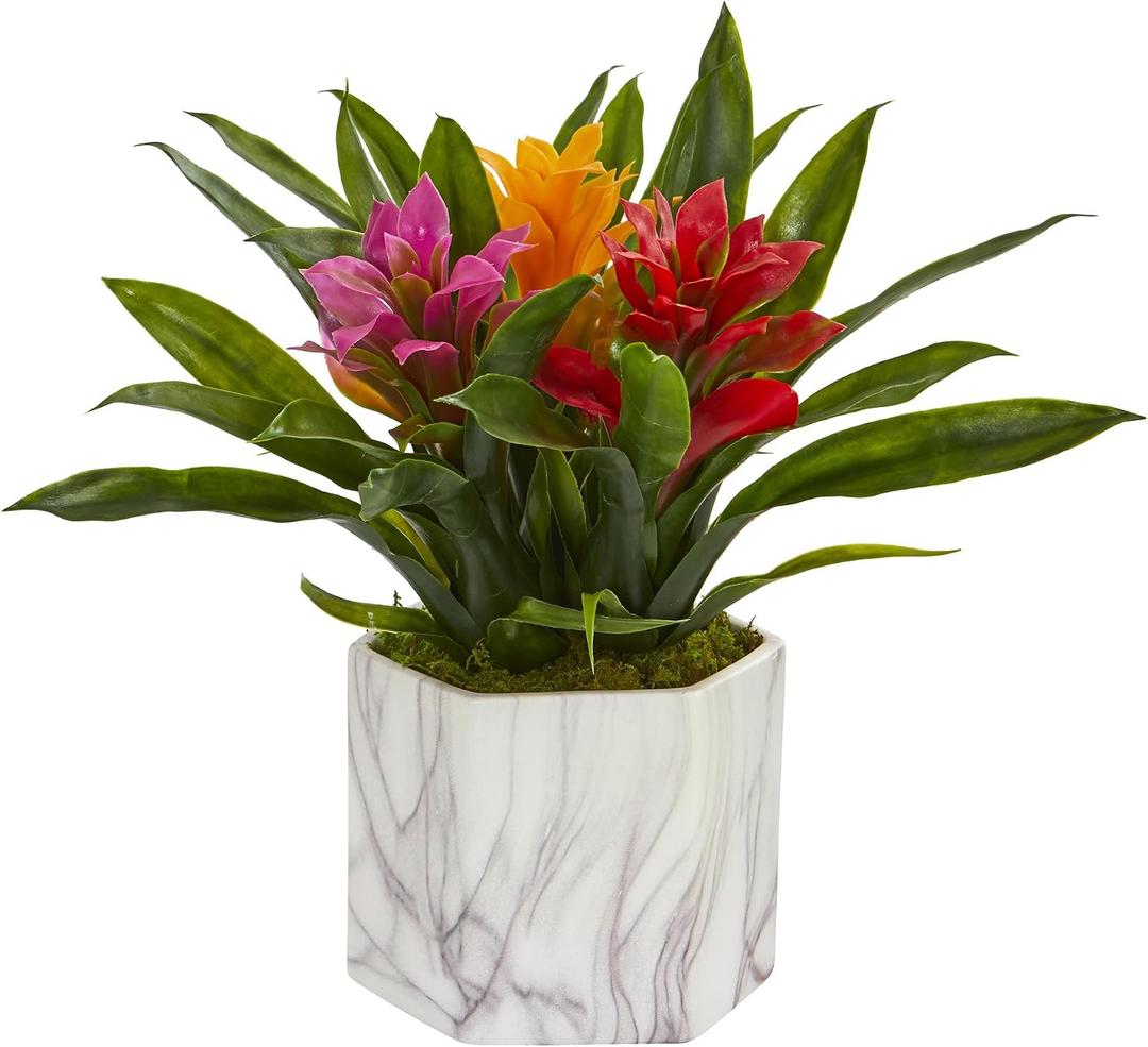 Nearly Natural Bromeliad Artificial Plant in Marble Finished Vase