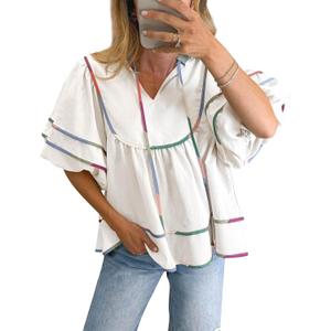 Cicy Bell Womens Summer Babydoll Tops V Neck Short Lantern Sleeve Shirts Cute Loose Fit Peplum Flowy Blouses, L