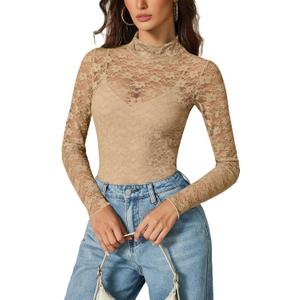Avidlove Womens Long Sleeve Bodysuit Lace Tops Turtle Neck Shapewear Body Suits Going Out Top Fall Outfits Two Piece Set (Small, Champagne)