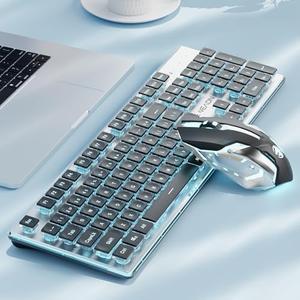 SEUNKWANG EWEADN V3 Wireless Keyboard and Mouse with Blue Backlit, Metal Panel, Bluetooth/2.4G Rechargeable Computer Keyboard and Mouse Combo Silent Lighted Full Size Cordless Keyboards-Black