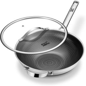 Wok pan with Lid, Hybrid Ceramic 13 Inch Tri-Ply Stainless Steel Woks & Stir-fry Pans Nonstick, Non-Toxic, PFAS/PFOA/PTFE Free, Metal Utensil Safe, Dishwasher & Oven Safe, Induction Compatible