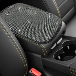 DXNQ Bling Car Armrest Cover, 11.8"8.5" Crystal Rhinestone Auto Center Console Protective Cover, Bling Charming Arm Rest Cushion Pad for Most Cars SUVs Trucks, Car Accessories (Black&White)