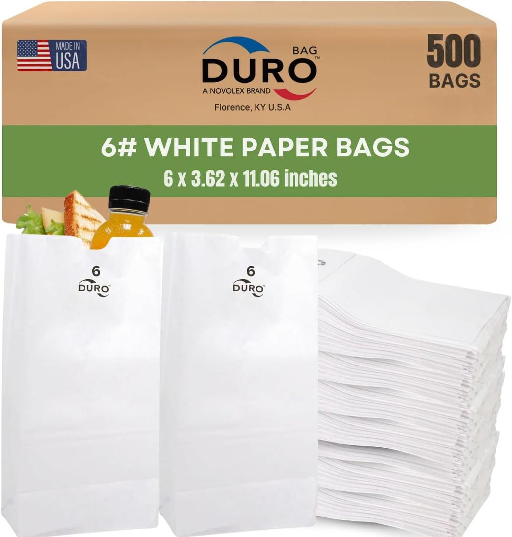 DURO 6# White Paper Lunch Bags, 500 Count, 6 x 3.62 x 11.06 In | Paper Lunch Bags Bulk, Large Disposable Sacks for Sandwiches, Bagels, Deli, Bakery, Grocery, Takeout & Delivery