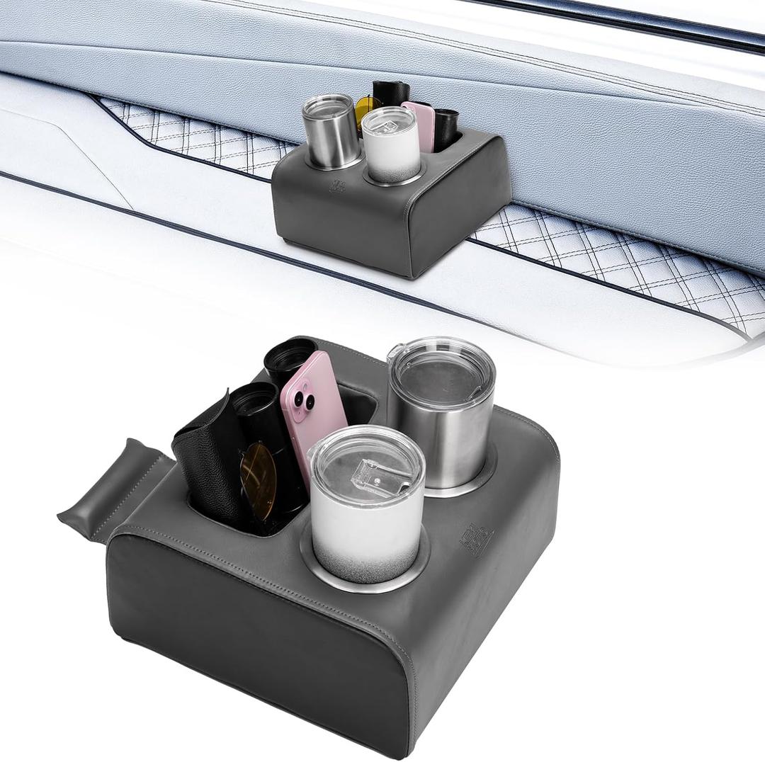 KEMIMOTO Pontoon Cup Holders, Anti-Slip PU Leather Boat Cup Holder, Marine Drink Holder, Boat Tray, Organizer for Trucks, Stainless Steel Cups for Pontoon Boats, Sofa, Truck, Car Back Seat (Black)