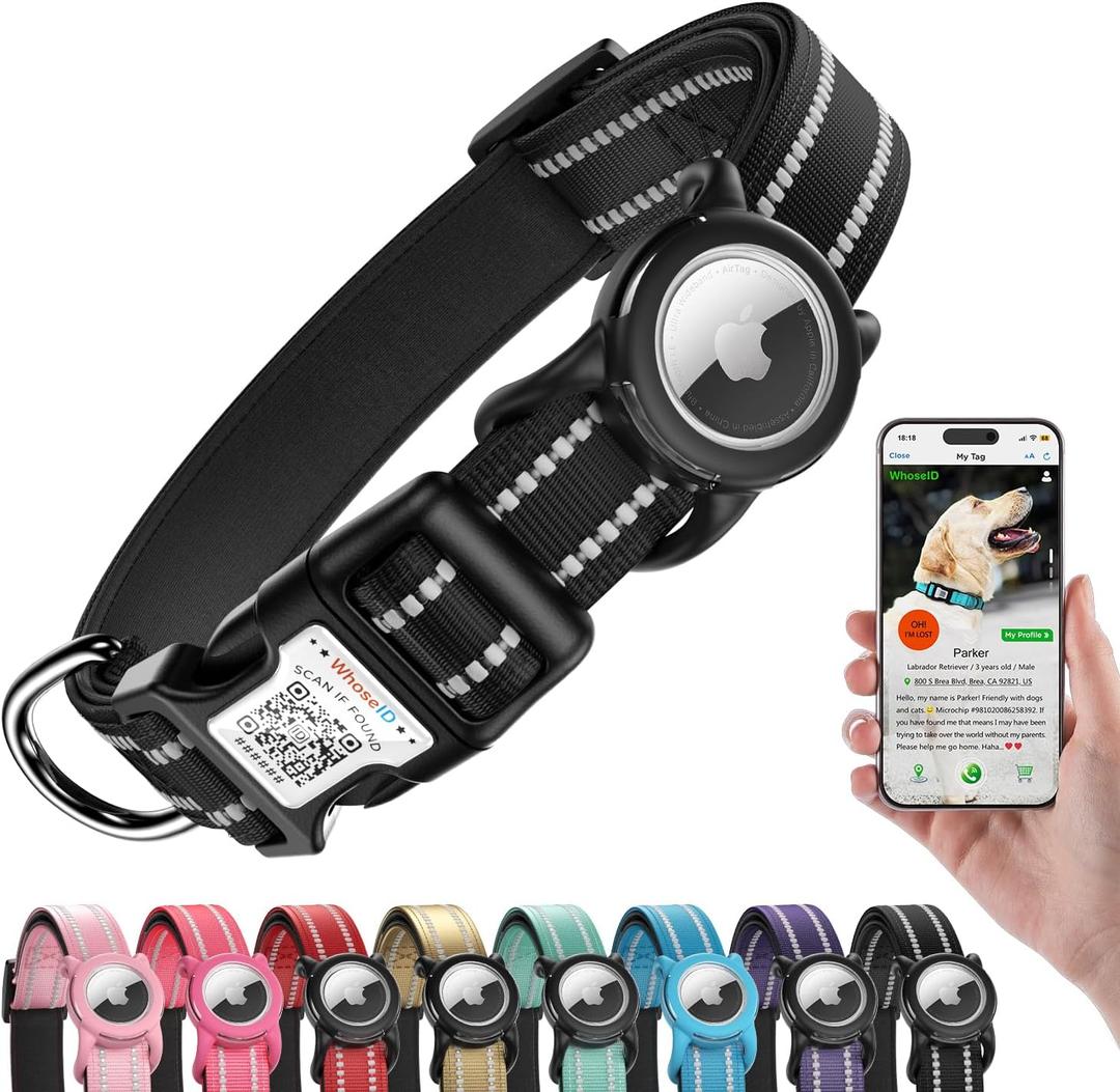 Reflective Dog Collar with AirTag Holder, Waterproof Dog Collar with QR Code, Heavy Duty Adjustable Pet Collar for Small Medium Large Dogs, Black