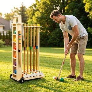 6-Player Croquet Set with Wooden Stand, 28" Lawn Game for Adults | Includes 6 Rubberwood Mallets, Balls, and Steel Wickets, Easy to Storage, Fun for Backyard, Garden, or Park