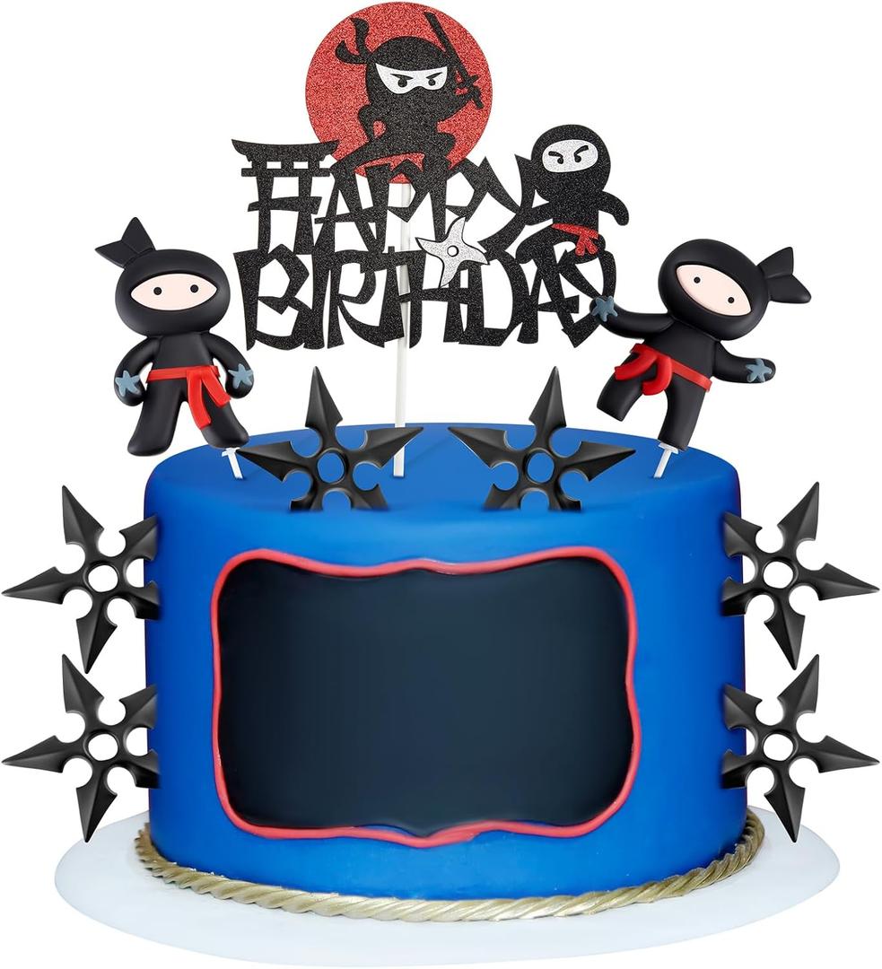 9 Pcs Ninja Happy Birthday Cake Toppers Black Red Glitter for Ninja Theme Birthday Party Karate Kung Fu Warriors Cake Decorations Supplies