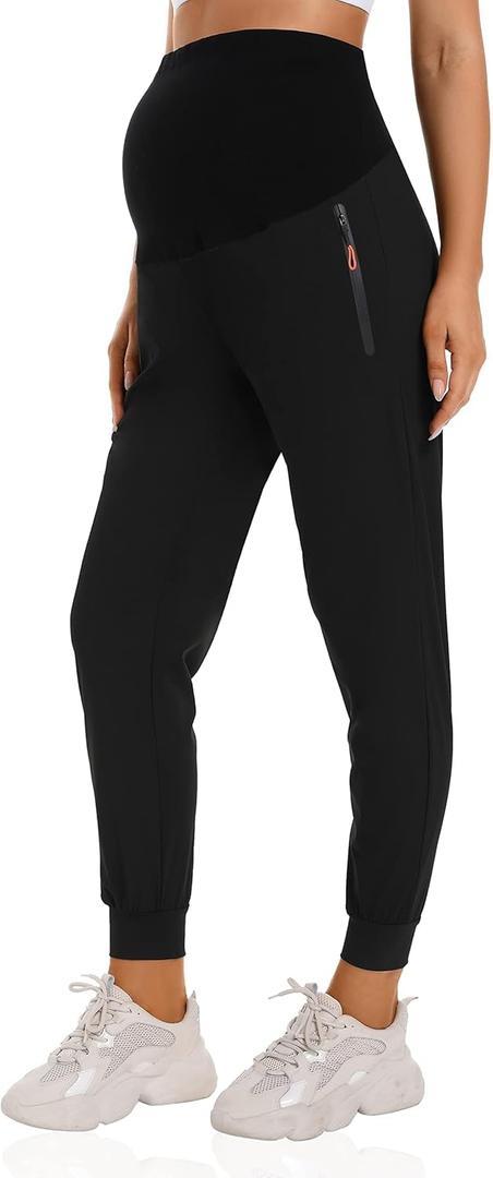 Foucome Women's Maternity Joggers Quick Dry Zipper Pockets Scrub Pants Pregnancy Sweatpants (Large, Black)
