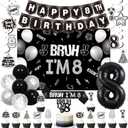 Bruh Im 8 Birthday Decorations Set Black and White Funny 8th Birthday Party Supplies for Boys | Includes Backdrop, Banner, Balloons, Cake and Cupcake Toppers, Hanging Swirls, Sash