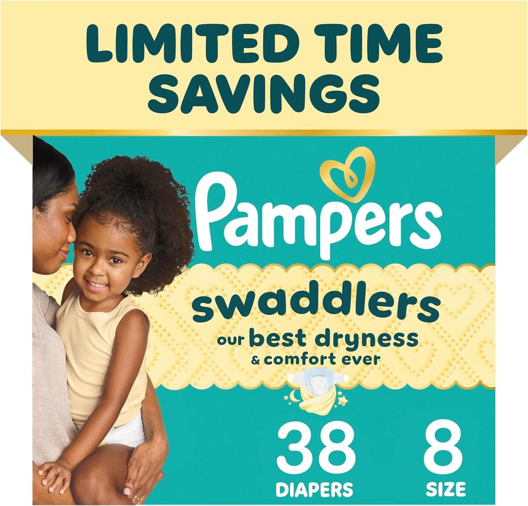 Pampers Swaddlers Diapers, Size 8 (30+ lbs), 38 Count, Absorbent, Keeps Baby Dry and Comfortable, Skin Safe Disposable Baby Diaper