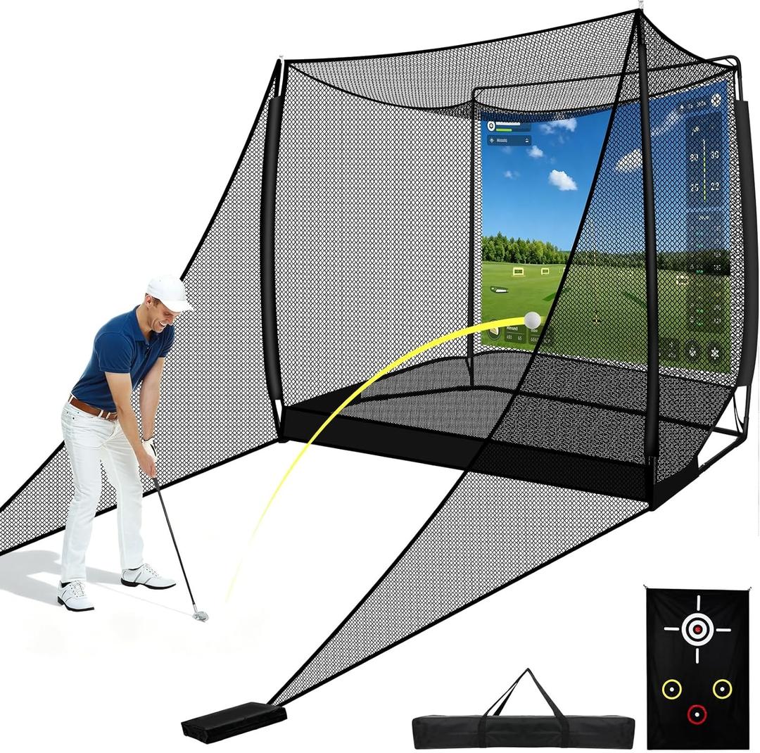 10x8FT Golf Practice Net with 2 Net Side Barriers Outdoor Indoor Golfs Hitting Net with HD Impact Screen Kit for Backyard Home Easy Set up Golf Training for Garage